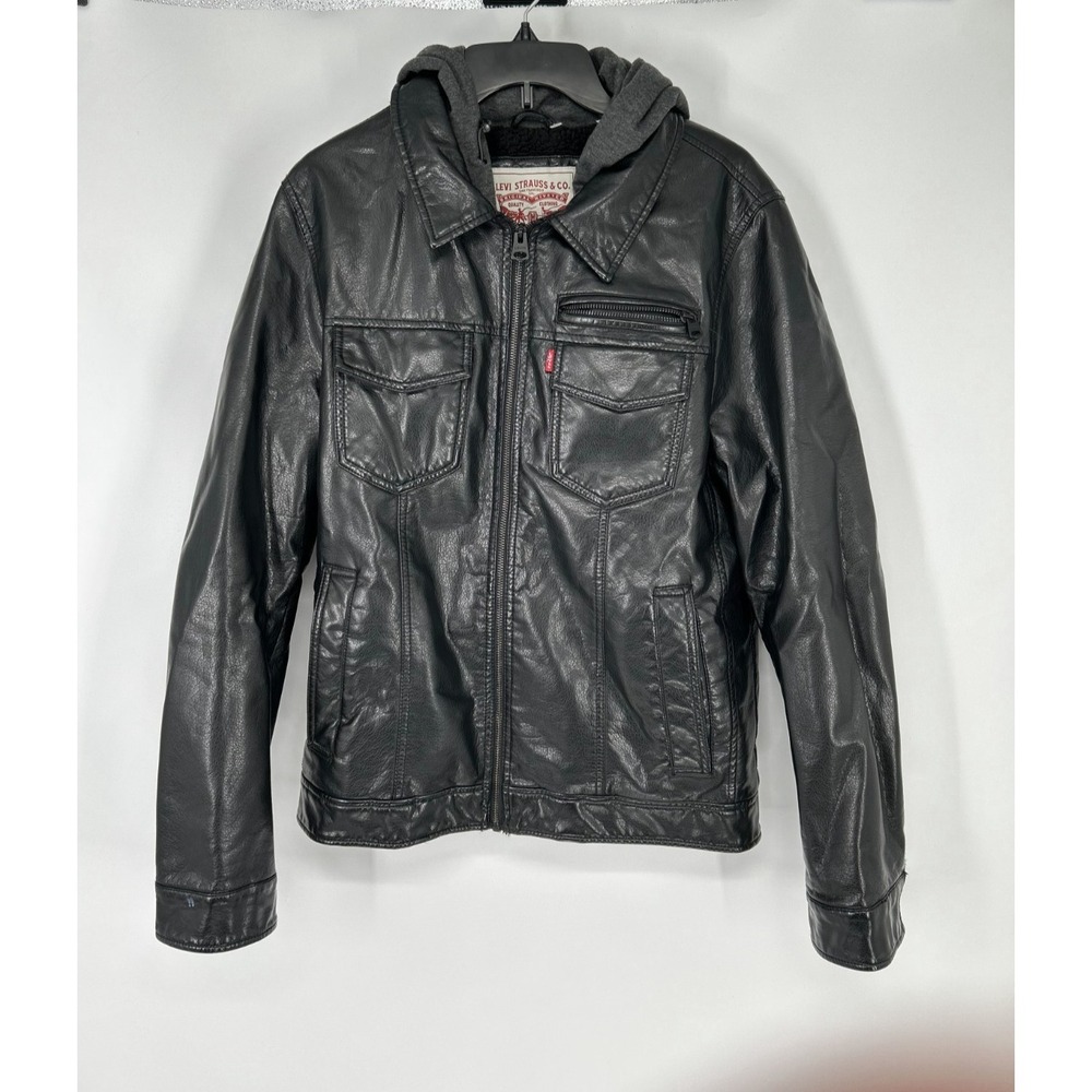 Levis Faux Leather Trucker Jacket Mens Small Sherpa‎ Lined Hooded Full Zip Up